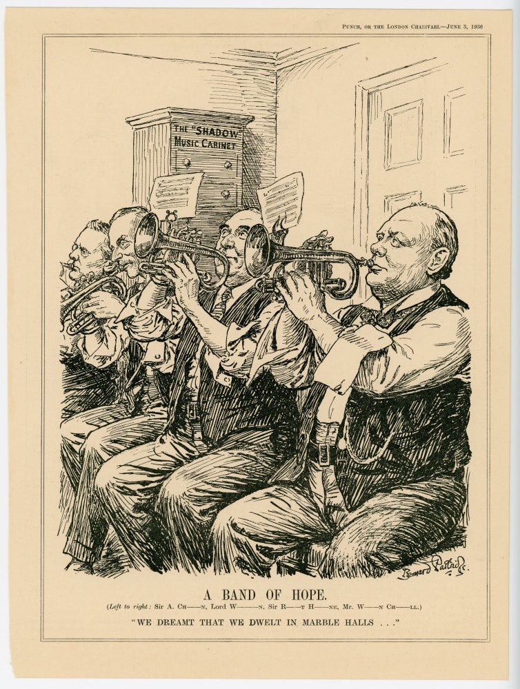 Item #007158 A BAND OF HOPE. - an original printed appearance of this cartoon featuring Winston S. Churchill from the 3 June 1936 edition of the magazine Punch, or The London Charivari. Artist: Bernard Partridge.
