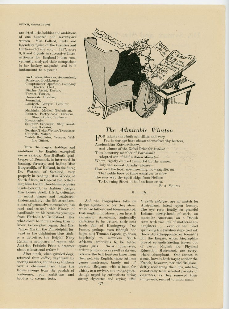 Item #007192 THE ADMIRABLE WINSTON - an original printed appearance of this cartoon featuring then-Prime Minister Winston S. Churchill in the 21 October 1953 edition of the magazine Punch, or The London Charivari. Artist: Michael Cummings.