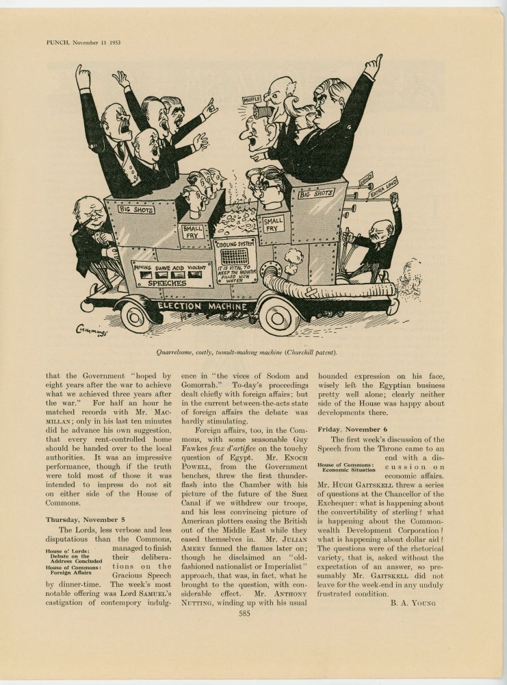 Item #007194 ELECTION MACHINE - an original printed appearance of this cartoon featuring then-Prime Minister Winston S. Churchill in the 11 November 1953 edition of the magazine Punch, or The London Charivari. Artist: Michael Cummings.