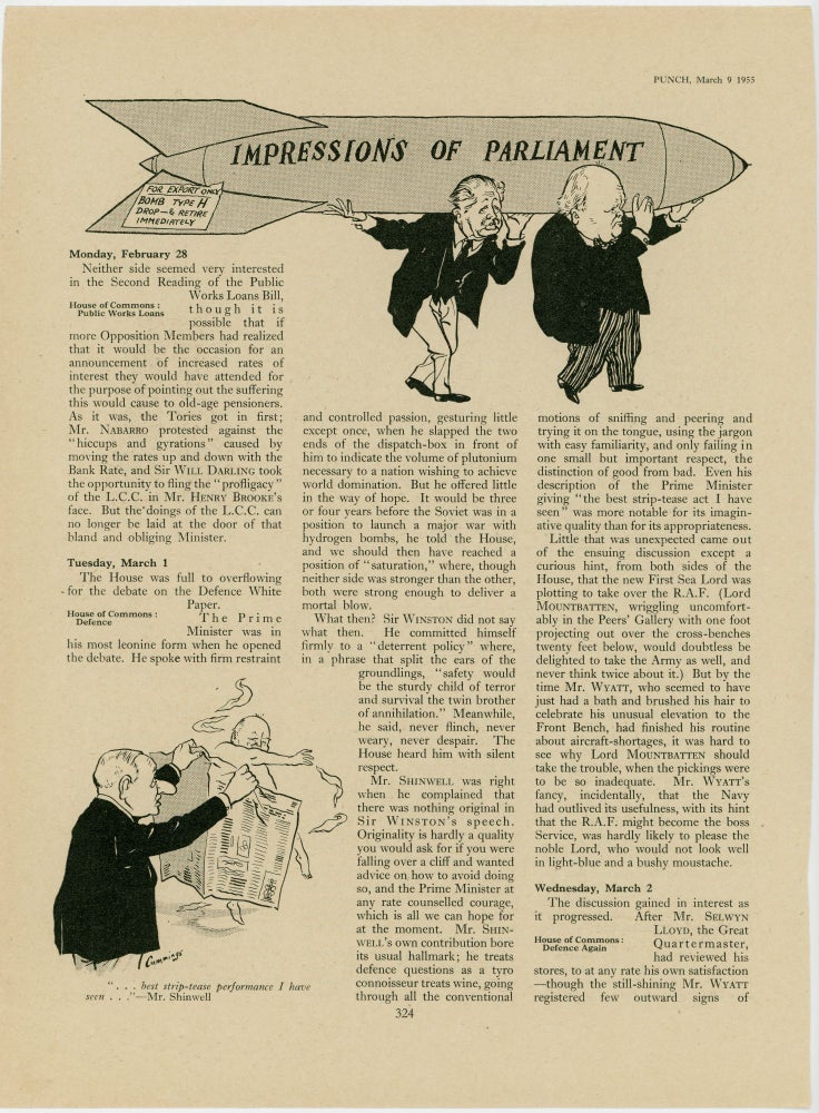 Item #007201 FOR EXPORT ONLY and STRIP-TEASE PERFORMANCE - the original printed appearance of these two cartoons featuring then-Prime Minister Winston S. Churchill in the 9 March 1955 edition of the magazine Punch, or The London Charivari. Artist: Michael Cummings.