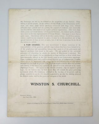 TO THE ELECTORS OF NORTH-WEST MANCHESTER: the extravagantly rare publication of Winston S. Churchill's campaign address from the first election he contested as a Liberal, including the only copy known to us of the accompanying perforated canvassing leaf soliciting supporters