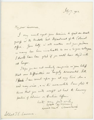 “…I feel I can count upon you at any time when a need may arise…” - A 17 July 1922 autograph signed letter from then-Secretary of State for the Colonies Winston S. Churchill to T. E. Lawrence "of Arabia" accepting Lawrence's resignation from the Colonial Office, accompanied by the original franked envelope addressed and initialed in Churchill's hand, the letter and envelope archivally framed with a limited and numbered intaglio drawing of Lawrence and Churchill by Curtis Hooper, signed and numbered by Churchill's daughter, Sarah