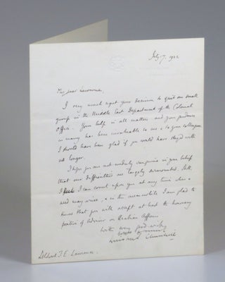 “…I feel I can count upon you at any time when a need may arise…” - A 17 July 1922 autograph signed letter from then-Secretary of State for the Colonies Winston S. Churchill to T. E. Lawrence "of Arabia" accepting Lawrence's resignation from the Colonial Office, accompanied by the original franked envelope addressed and initialed in Churchill's hand, the letter and envelope archivally framed with a limited and numbered intaglio drawing of Lawrence and Churchill by Curtis Hooper, signed and numbered by Churchill's daughter, Sarah