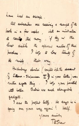 "...my rotten book" - A 4 June 1925 autograph letter signed from T. E. Lawrence "of Arabia" to American executive, editor, author, and international figure Whitney Hart Shepardson encapsulating Lawrence's compellingly conflicted feelings regarding forthcoming publication of both the Subscriber's Edition of Seven Pillars of Wisdom and the abridged version of the work, Revolt in the Desert