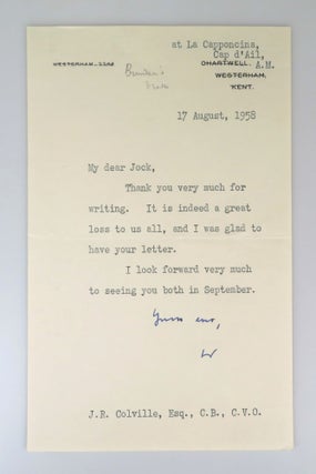 Item #007375 A 17 August 1958 typed letter signed by Winston S. Churchill to his friend,...