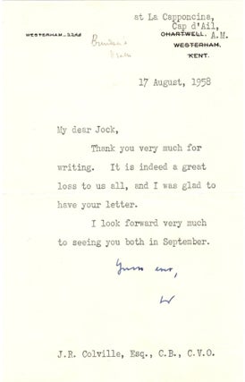 A 17 August 1958 typed letter signed by Winston S. Churchill to his friend, confidante, and longtime Private Secretary Sir John "Jock" Colville, referencing the death of another indispensable Churchill friend and ally, Brendan Bracken, and written from the French home of yet another close Churchill friend and ally, Lord Beaverbrook