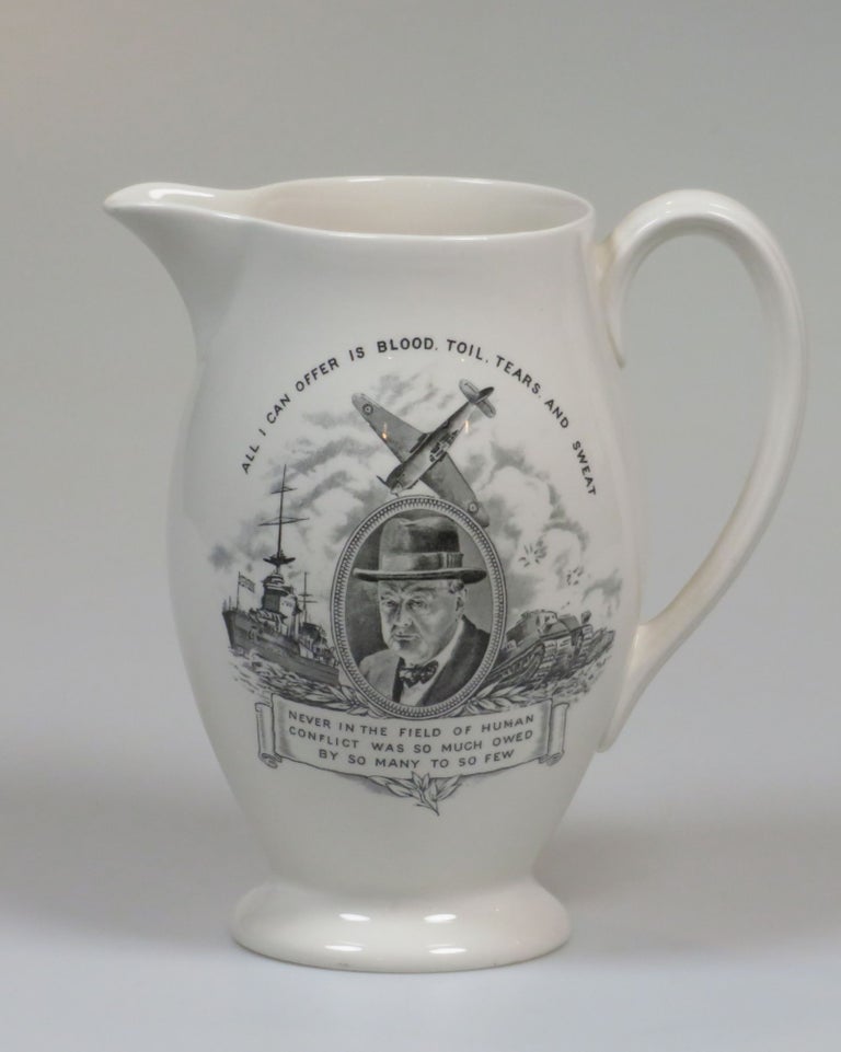 Item #007411 A pitcher originally designed and issued early during the Second World War, featuring an image of and quotes by then-Prime Minister Winston S. Churchill, reissued in this unique form to commemorate Winston Churchill's death in 1965