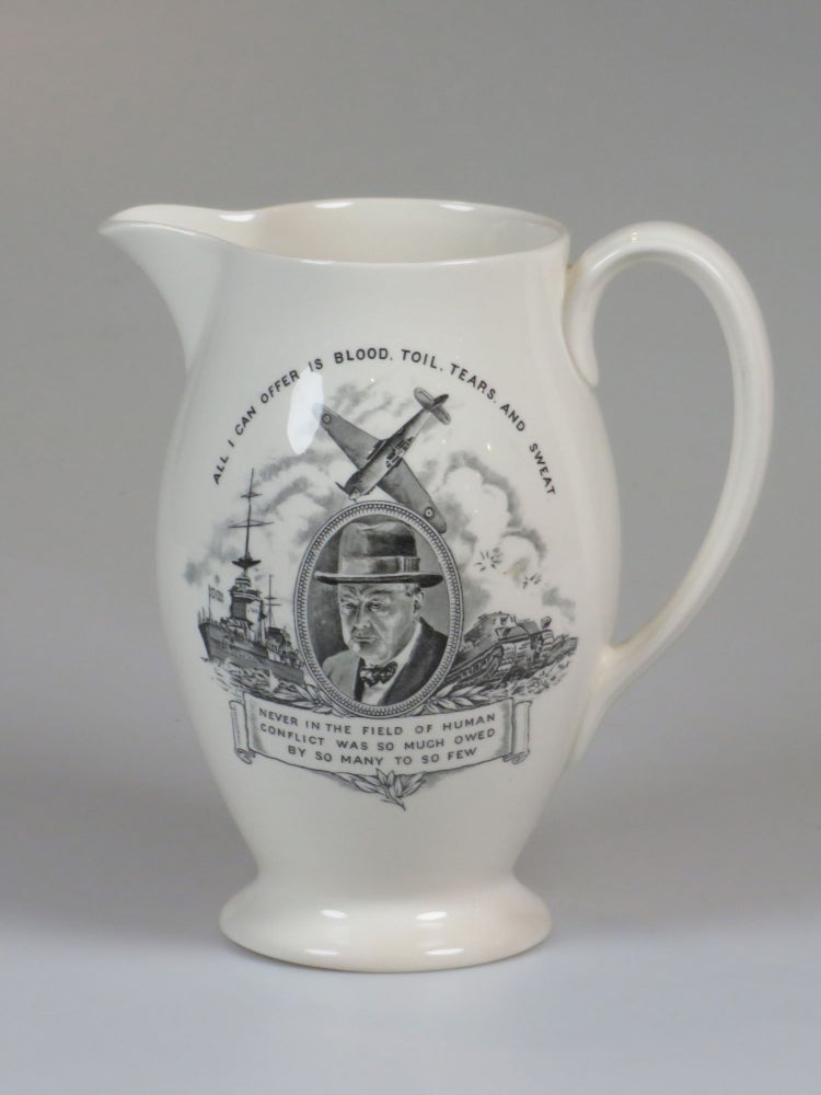 Item #007449 A pitcher originally designed and issued early during the Second World War, featuring an image of and quotes by then-Prime Minister Winston S. Churchill, reissued in this unique form to commemorate Winston Churchill's death in 1965