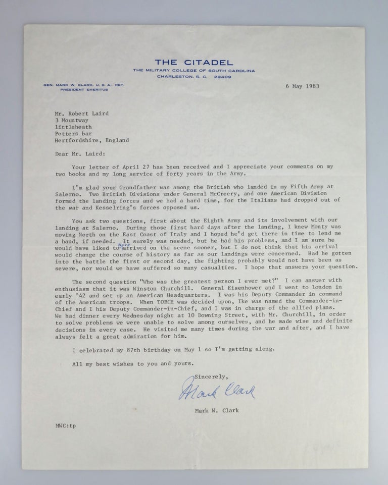 “…I have always felt a great admiration for him.” - A 6 May 1983 typed letter...