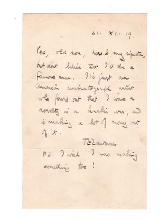 Item #007663 "...don't believe that I'll be a famous man." - A 21 November 1919 autograph letter...