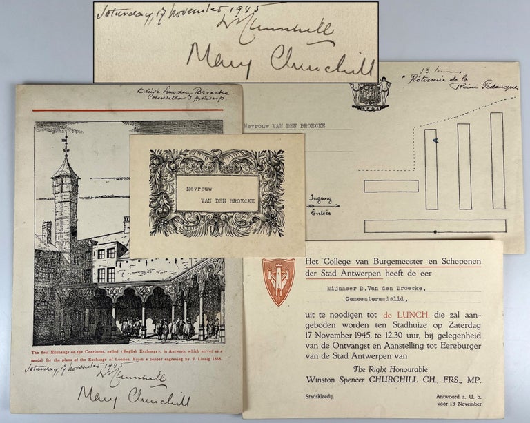 Item #007706 An original menu, signed by both Winston S. Churchill and his daughter, Mary, with accompanying invitation, directions, and nameplate, for a lunch held at the Town Hall in Antwerp to mark the occasion of Churchill's appointment as an honorary citizen of Antwerp, Saturday, 17 November 1945