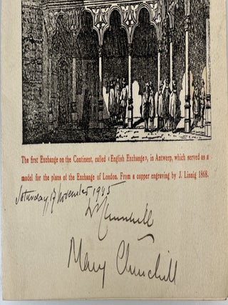 An original menu, signed by both Winston S. Churchill and his daughter, Mary, with accompanying invitation, directions, and nameplate, for a lunch held at the Town Hall in Antwerp to mark the occasion of Churchill's appointment as an honorary citizen of Antwerp, Saturday, 17 November 1945