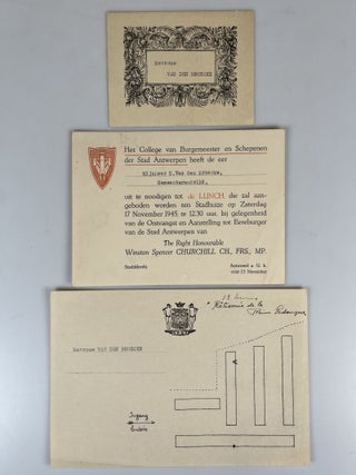 An original menu, signed by both Winston S. Churchill and his daughter, Mary, with accompanying invitation, directions, and nameplate, for a lunch held at the Town Hall in Antwerp to mark the occasion of Churchill's appointment as an honorary citizen of Antwerp, Saturday, 17 November 1945