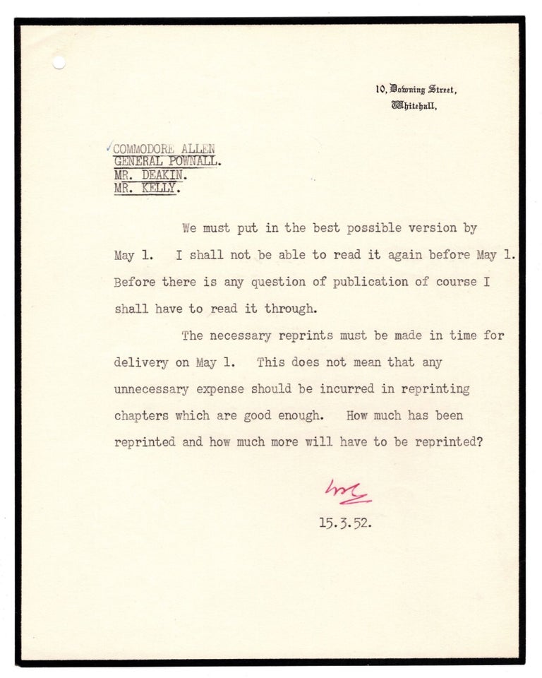 A 15 March 1952 typed, initialed memorandum on Prime Minister Winston S. Churchill's 10 Downing...