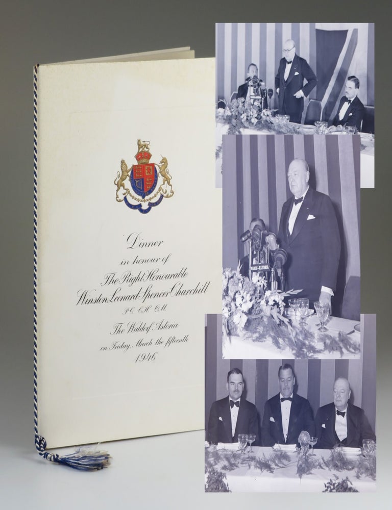 Item #007787 Three original photograph negatives and an elaborate program, comprising a small archive from the 15 March 1946 dinner held by the City of New York at the Waldorf Astoria Hotel in honor of Winston S. Churchill, during which he spoke, staunchly defending the content of his inflammatory &ldquo;Iron Curtain&rdquo; speech delivered ten days earlier