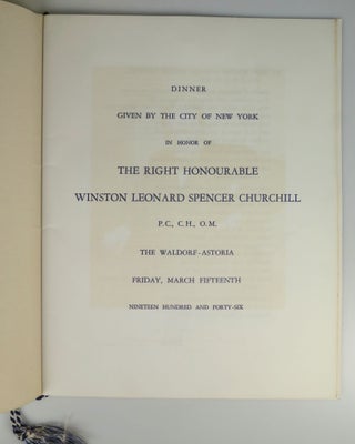 Three original photograph negatives and an elaborate program, comprising a small archive from the 15 March 1946 dinner held by the City of New York at the Waldorf Astoria Hotel in honor of Winston S. Churchill, during which he spoke, staunchly defending the content of his inflammatory “Iron Curtain” speech delivered ten days earlier