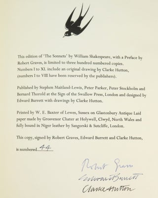 The Sonnets, a presentation copy of the finely bound, illustrated, limited, and numbered edition signed by the poet Robert Graves, the illustrator Clarke Hutton, and the book designer Edward Burrett, accompanied by the original publisher's prospectus and order form, and with a lengthy gift inscription from Edward Burrett and his wife
