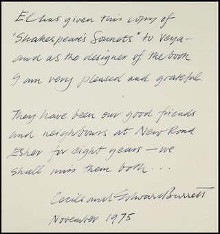The Sonnets, a presentation copy of the finely bound, illustrated, limited, and numbered edition signed by the poet Robert Graves, the illustrator Clarke Hutton, and the book designer Edward Burrett, accompanied by the original publisher's prospectus and order form, and with a lengthy gift inscription from Edward Burrett and his wife