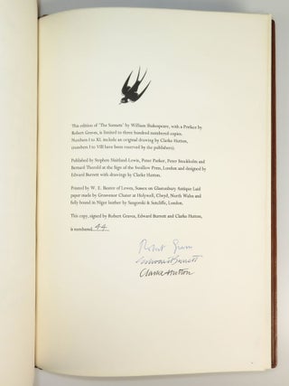 The Sonnets, a presentation copy of the finely bound, illustrated, limited, and numbered edition signed by the poet Robert Graves, the illustrator Clarke Hutton, and the book designer Edward Burrett, accompanied by the original publisher's prospectus and order form, and with a lengthy gift inscription from Edward Burrett and his wife