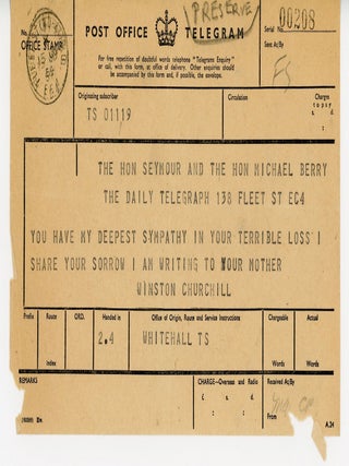 "He was one of my true and most valued friends for more than thirty years." Condolence correspondence from Prime Minister Winston S. Churchill to the sons of Churchill's close friend, the publishing magnate Lord Camrose, including an original 15 June 1954 telegram from Churchill, and a 17 June 1954 typed letter signed from Prime Minister Winston S. Churchill on his 10 Downing Street stationery, including Churchill's autograph salutation, valediction, and signature