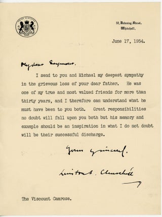 "He was one of my true and most valued friends for more than thirty years." Condolence correspondence from Prime Minister Winston S. Churchill to the sons of Churchill's close friend, the publishing magnate Lord Camrose, including an original 15 June 1954 telegram from Churchill, and a 17 June 1954 typed letter signed from Prime Minister Winston S. Churchill on his 10 Downing Street stationery, including Churchill's autograph salutation, valediction, and signature