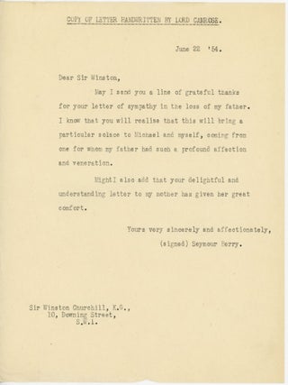 "He was one of my true and most valued friends for more than thirty years." Condolence correspondence from Prime Minister Winston S. Churchill to the sons of Churchill's close friend, the publishing magnate Lord Camrose, including an original 15 June 1954 telegram from Churchill, and a 17 June 1954 typed letter signed from Prime Minister Winston S. Churchill on his 10 Downing Street stationery, including Churchill's autograph salutation, valediction, and signature