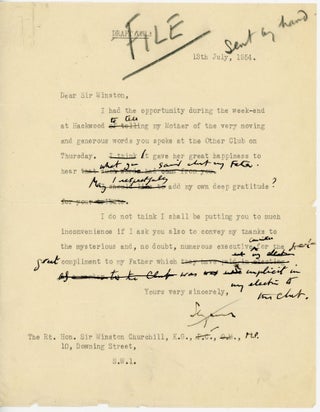"He was one of my true and most valued friends for more than thirty years." Condolence correspondence from Prime Minister Winston S. Churchill to the sons of Churchill's close friend, the publishing magnate Lord Camrose, including an original 15 June 1954 telegram from Churchill, and a 17 June 1954 typed letter signed from Prime Minister Winston S. Churchill on his 10 Downing Street stationery, including Churchill's autograph salutation, valediction, and signature
