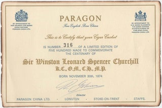 Elaborately detailed bone china cigar casket produced in 1974 for the centenary of Winston S. Churchill's birth, complete with cedar lining and original presentation case, copy #316 of the limited edition, accompanied by the original limitation certificate