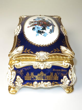 Elaborately detailed bone china cigar casket produced in 1974 for the centenary of Winston S. Churchill's birth, complete with cedar lining and original presentation case, copy #316 of the limited edition, accompanied by the original limitation certificate