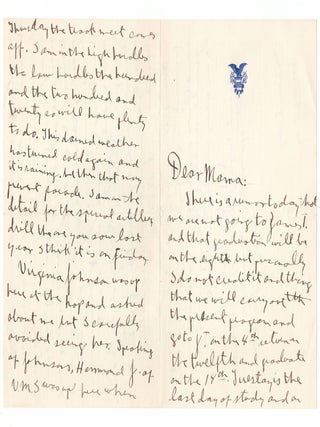 "I am feeling well and looking forward to getting home, where the sun shines and there's no drill or quill..." A 26 May 1907 autographed letter signed by George S. Patton writing as a 21-year-old West Point Cadet to his mother on his West Point class stationery