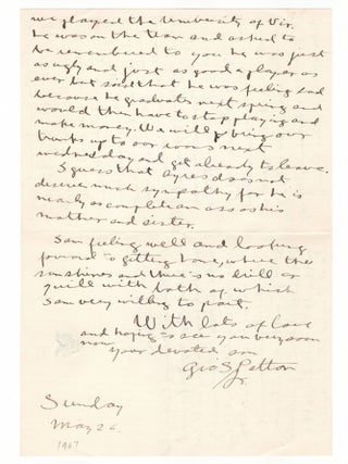 "I am feeling well and looking forward to getting home, where the sun shines and there's no drill or quill..." A 26 May 1907 autographed letter signed by George S. Patton writing as a 21-year-old West Point Cadet to his mother on his West Point class stationery