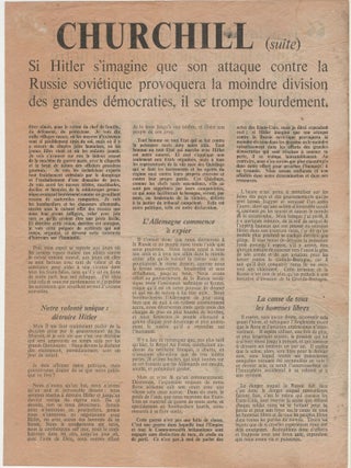 "Tout homme ou tout État qui se bat contre la puissance nazie aura notre aide. Tout homme ou tout État qui marche avec Hitler est notre ennemi." / (Any man or State who fights against nazism will have our aid. Any man or State who marches with Hitler is our foe) A second World War propaganda air drop leaflet, published in French, of British Prime Minister Winston S. Churchill's 22 June 1941 broadcast address responding to Nazi Germany's invasion of Russia