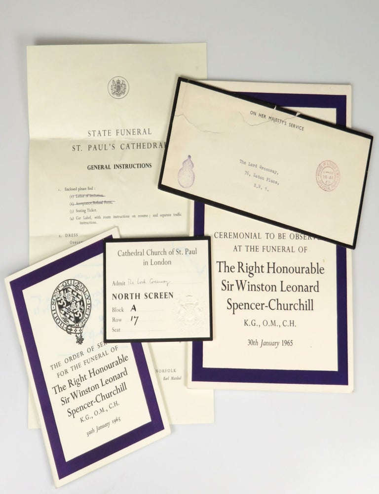 Item #008278 A small archive of five documents from the 30th January 1965 state funeral of Winston S. Churchill issued to Baron Greenway. 16th Duke of Norfolk Bernard Fitzalan-Howard, Earl Marshal of England.