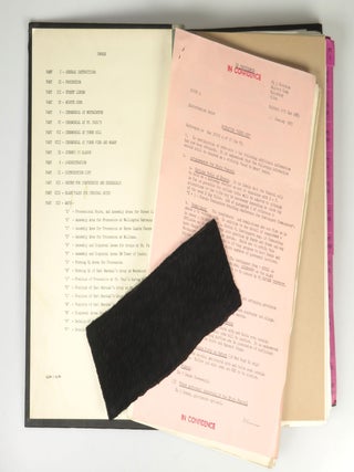 An archive of official documents relating to preparation of the State Funeral of The Right Honourable Sir Winston Leonard Spencer Churchill, K.G., O.M., C.H., Saturday, 30th January, 1965, including: Copy No. 323 of the bound, indexed, and tabbed "Special District Order"; Amendments 2-5 to the Special District Order; the official and confidential list of Operation Hope Not Telephone Numbers; a confidential summary document for Operation Hope Not; a State Funeral Warning Order and accompanying large, detailed, folding tabular detail of "Troops Taking Part in the Procession"; an original black crepe sewn and lined arm band for participation in the State Funeral ceremonies