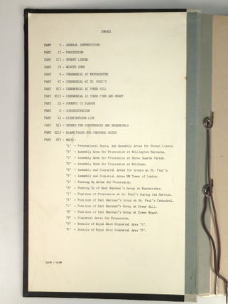 An archive of official documents relating to preparation of the State Funeral of The Right Honourable Sir Winston Leonard Spencer Churchill, K.G., O.M., C.H., Saturday, 30th January, 1965, including: Copy No. 323 of the bound, indexed, and tabbed "Special District Order"; Amendments 2-5 to the Special District Order; the official and confidential list of Operation Hope Not Telephone Numbers; a confidential summary document for Operation Hope Not; a State Funeral Warning Order and accompanying large, detailed, folding tabular detail of "Troops Taking Part in the Procession"; an original black crepe sewn and lined arm band for participation in the State Funeral ceremonies