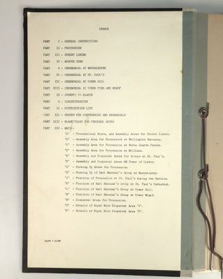 An archive of official documents relating to preparation of the State Funeral of The Right Honourable Sir Winston Leonard Spencer Churchill, K.G., O.M., C.H., Saturday, 30th January, 1965, including: Copy No. 323 of the bound, indexed, and tabbed "Special District Order"; Amendments 2-5 to the Special District Order; the official and confidential list of Operation Hope Not Telephone Numbers; a confidential summary document for Operation Hope Not; a State Funeral Warning Order and accompanying large, detailed, folding tabular detail of "Troops Taking Part in the Procession"; an original black crepe sewn and lined arm band for participation in the State Funeral ceremonies