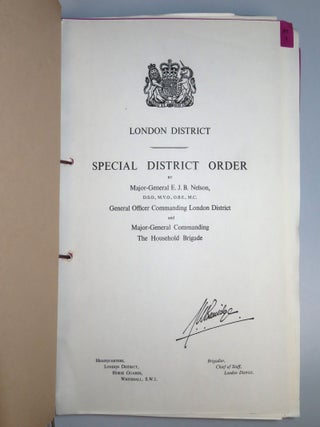 An archive of official documents relating to preparation of the State Funeral of The Right Honourable Sir Winston Leonard Spencer Churchill, K.G., O.M., C.H., Saturday, 30th January, 1965, including: Copy No. 323 of the bound, indexed, and tabbed "Special District Order"; Amendments 2-5 to the Special District Order; the official and confidential list of Operation Hope Not Telephone Numbers; a confidential summary document for Operation Hope Not; a State Funeral Warning Order and accompanying large, detailed, folding tabular detail of "Troops Taking Part in the Procession"; an original black crepe sewn and lined arm band for participation in the State Funeral ceremonies