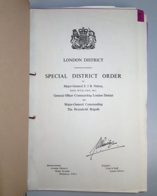 An archive of official documents relating to preparation of the State Funeral of The Right Honourable Sir Winston Leonard Spencer Churchill, K.G., O.M., C.H., Saturday, 30th January, 1965, including: Copy No. 323 of the bound, indexed, and tabbed "Special District Order"; Amendments 2-5 to the Special District Order; the official and confidential list of Operation Hope Not Telephone Numbers; a confidential summary document for Operation Hope Not; a State Funeral Warning Order and accompanying large, detailed, folding tabular detail of "Troops Taking Part in the Procession"; an original black crepe sewn and lined arm band for participation in the State Funeral ceremonies