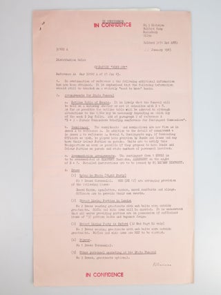 An archive of official documents relating to preparation of the State Funeral of The Right Honourable Sir Winston Leonard Spencer Churchill, K.G., O.M., C.H., Saturday, 30th January, 1965, including: Copy No. 323 of the bound, indexed, and tabbed "Special District Order"; Amendments 2-5 to the Special District Order; the official and confidential list of Operation Hope Not Telephone Numbers; a confidential summary document for Operation Hope Not; a State Funeral Warning Order and accompanying large, detailed, folding tabular detail of "Troops Taking Part in the Procession"; an original black crepe sewn and lined arm band for participation in the State Funeral ceremonies