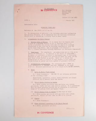 An archive of official documents relating to preparation of the State Funeral of The Right Honourable Sir Winston Leonard Spencer Churchill, K.G., O.M., C.H., Saturday, 30th January, 1965, including: Copy No. 323 of the bound, indexed, and tabbed "Special District Order"; Amendments 2-5 to the Special District Order; the official and confidential list of Operation Hope Not Telephone Numbers; a confidential summary document for Operation Hope Not; a State Funeral Warning Order and accompanying large, detailed, folding tabular detail of "Troops Taking Part in the Procession"; an original black crepe sewn and lined arm band for participation in the State Funeral ceremonies