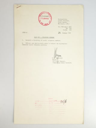 An archive of official documents relating to preparation of the State Funeral of The Right Honourable Sir Winston Leonard Spencer Churchill, K.G., O.M., C.H., Saturday, 30th January, 1965, including: Copy No. 323 of the bound, indexed, and tabbed "Special District Order"; Amendments 2-5 to the Special District Order; the official and confidential list of Operation Hope Not Telephone Numbers; a confidential summary document for Operation Hope Not; a State Funeral Warning Order and accompanying large, detailed, folding tabular detail of "Troops Taking Part in the Procession"; an original black crepe sewn and lined arm band for participation in the State Funeral ceremonies