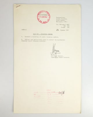 An archive of official documents relating to preparation of the State Funeral of The Right Honourable Sir Winston Leonard Spencer Churchill, K.G., O.M., C.H., Saturday, 30th January, 1965, including: Copy No. 323 of the bound, indexed, and tabbed "Special District Order"; Amendments 2-5 to the Special District Order; the official and confidential list of Operation Hope Not Telephone Numbers; a confidential summary document for Operation Hope Not; a State Funeral Warning Order and accompanying large, detailed, folding tabular detail of "Troops Taking Part in the Procession"; an original black crepe sewn and lined arm band for participation in the State Funeral ceremonies