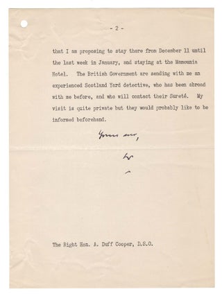 "My visit is quite private..." - A 1 December 1947 typed letter signed from Winston S. Churchill on his Hyde Park Gate stationery to Ambassador to France Duff Cooper, a longtime friend and ally whom Churchill had appointed Ambassador while still wartime Prime Minister, confirming Churchill's attendance at Cooper's "Farewell Party" and discussing Churchill's plans for an extended sojourn in Morocco, featuring Churchill's notably warm holograph salutation, valediction, and signature