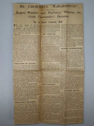 Marlborough: His Life and Times, full set of four British first edition, first printings, Volume III a presentation copy inscribed and dated in the month of publication to Churchill's longtime supporter and admirer and future prominent anti-appeaser Duff Cooper, later 1st Viscount Norwich, all four volumes featuring Cooper's bookplate