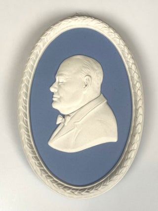 Wedgwood Sir Winston S. Churchill portrait medallion in pale blue and white jasper produced in 1974 for the Centenary of Churchill's birth, copy #446 still in the original Wedgwood case and accompanied by the Wedgwood limitation certificate