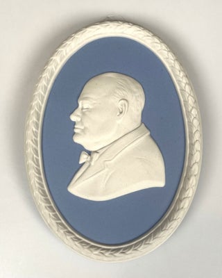 Wedgwood Sir Winston S. Churchill portrait medallion in pale blue and white jasper produced in 1974 for the Centenary of Churchill's birth, copy #446 still in the original Wedgwood case and accompanied by the Wedgwood limitation certificate