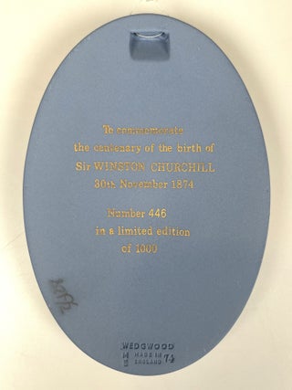 Wedgwood Sir Winston S. Churchill portrait medallion in pale blue and white jasper produced in 1974 for the Centenary of Churchill's birth, copy #446 still in the original Wedgwood case and accompanied by the Wedgwood limitation certificate