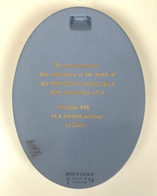 Wedgwood Sir Winston S. Churchill portrait medallion in pale blue and white jasper produced in 1974 for the Centenary of Churchill's birth, copy #446 still in the original Wedgwood case and accompanied by the Wedgwood limitation certificate