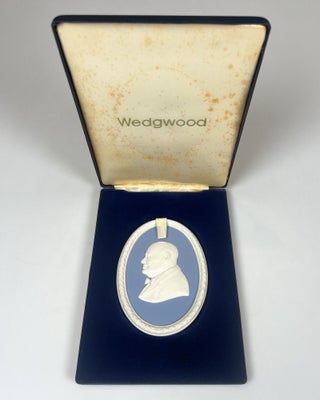 Wedgwood Sir Winston S. Churchill portrait medallion in pale blue and white jasper produced in 1974 for the Centenary of Churchill's birth, copy #446 still in the original Wedgwood case and accompanied by the Wedgwood limitation certificate