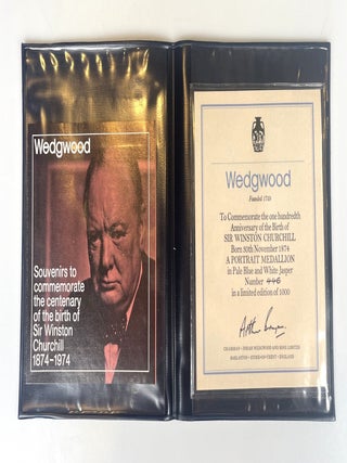 Wedgwood Sir Winston S. Churchill portrait medallion in pale blue and white jasper produced in 1974 for the Centenary of Churchill's birth, copy #446 still in the original Wedgwood case and accompanied by the Wedgwood limitation certificate